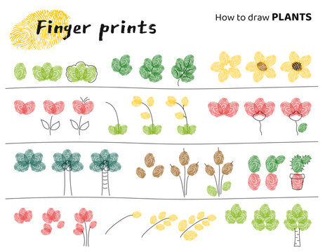 Finger prints art. The task for kids how to make different Plants.