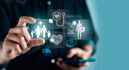 Businessman touch on virtual medical health care icons on mobile network technology
