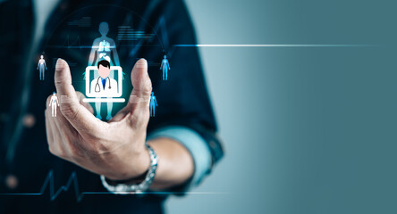 usinessman hand holding virtual medical health care icons for health service