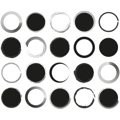 Black brush circles. Grunge texture. Round shape. Vector illustration.