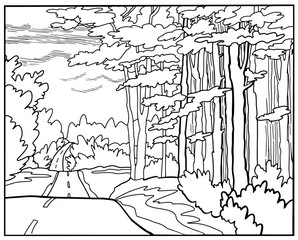Landscape with a road at the edge of the forest. Coloring book. Hand draw vector illustration. Art line background.