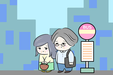 寄り添う夫婦　微笑み合う夫婦　パートナー　イラスト　結婚記念日　熟年 旅行