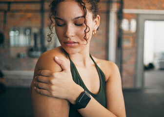 Woman, shoulder pain and muscle injury from sports workout, exercise or training at the gym...