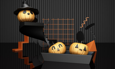 Halloween Pumpkins with geometric design pattern in black colour 3d rendering