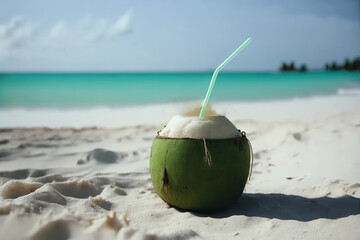 Green coconut ready to drink on a white sand beach with turquoise sea. Generated Ai illustration.