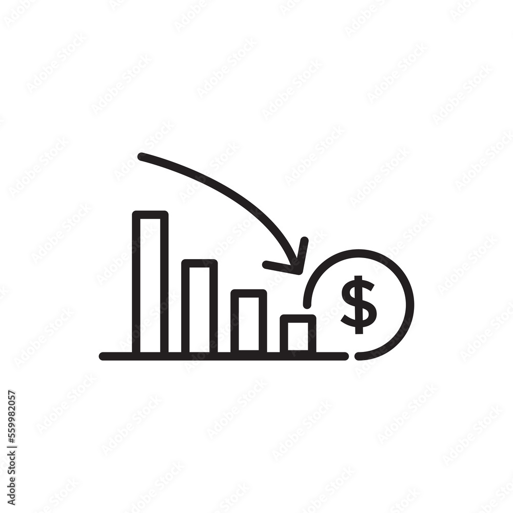 Poster graph down, reduce progress line icon. simple outline style efficiency decrease graphic, finance cha