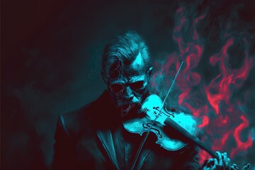 The violinist plays music in the form of colored smoke