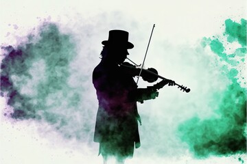 Fototapeta na wymiar The violinist plays music in the form of colored smoke