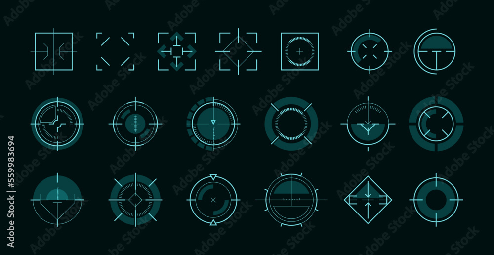 Poster hud aim ui. futuristic circle target frame for game user interface, military sniper weapon sight hol