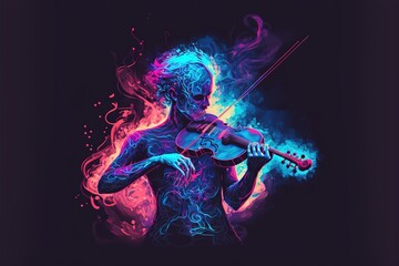 Obraz na płótnie Canvas The violinist plays music in the form of colored smoke
