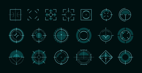 HUD aim ui. Futuristic circle target frame for game user interface, military sniper weapon sight hologram, sci-fi focus of hud ui tech, frame game circle. Vector illustration - obrazy, fototapety, plakaty