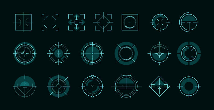 HUD aim ui. Futuristic circle target frame for game user interface, military sniper weapon sight hologram, sci-fi focus of hud ui tech, frame game circle. Vector illustration