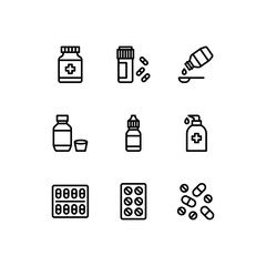 Medical Drugs icon set. Line icons, signs and symbols in flat linear design Medicine and healthcare with elements for mobile concepts and web apps.