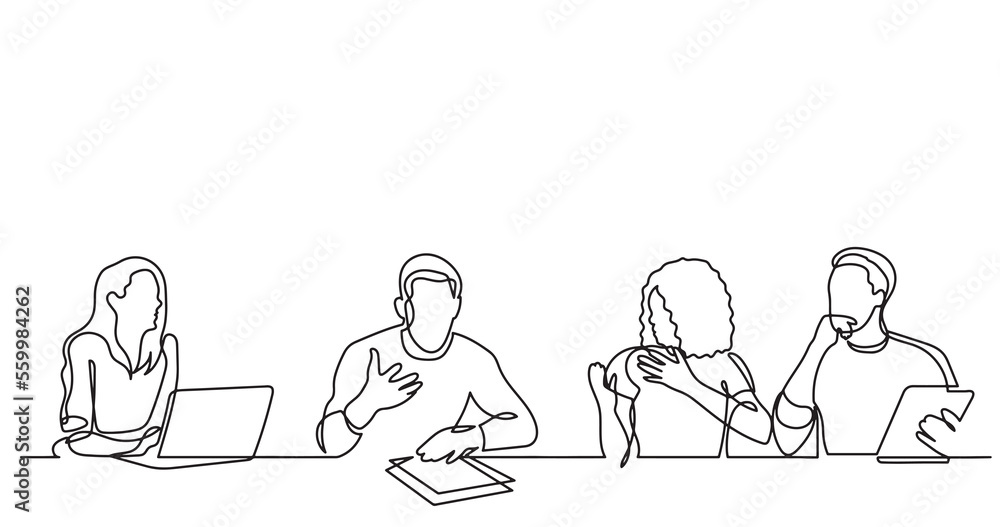 Poster continuous line drawing of office workers team having discussion at business meeting - png image wit