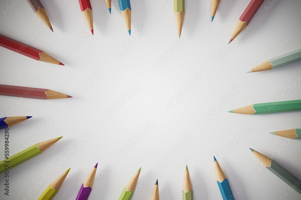 Poster pencils pointing towards the center on a white background, 3d rendering
