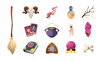 Magic elements collection. Cartoon mystic witchcraft objects, colorful witch stuff magician flask potion bottle alchemy occult symbols. Vector isolated set of witchcraft elements illustration