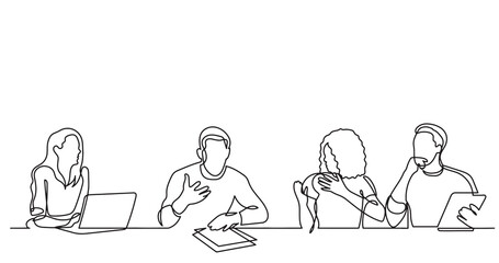 continuous line drawing of office workers team having discussion at business meeting - PNG image with transparent background