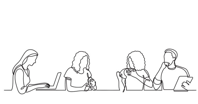 continuous line drawing of office workers team having discussion at business meeting - PNG image with transparent background