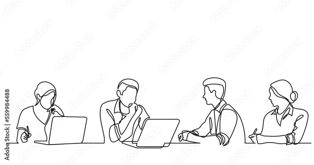 Poster continuous line drawing of office workers team having discussion at business meeting - png image wit