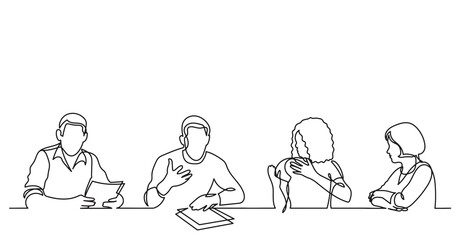 continuous line drawing of office workers team having discussion at business meeting - PNG image with transparent background