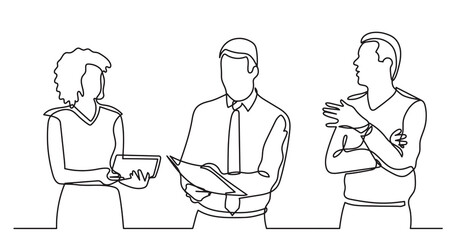 continuous line drawing of standing business people talking -  PNG image with transparent background