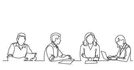 continuous line drawing of office workers team having discussion at business meeting - PNG image with transparent background