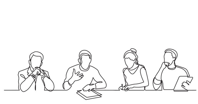 continuous line drawing of office workers team having discussion at business meeting - PNG image with transparent background
