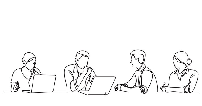 continuous line drawing of office workers team having discussion at business meeting - PNG image with transparent background