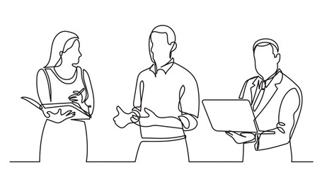 continuous line drawing of standing business people talking -  PNG image with transparent background