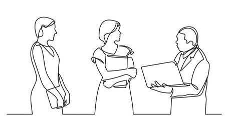 continuous line drawing of standing business people talking -  PNG image with transparent background