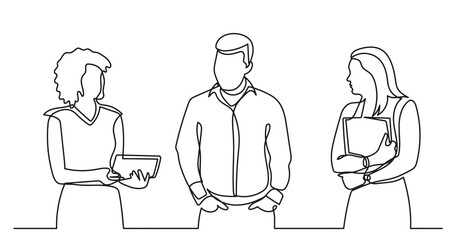 continuous line drawing of standing business people talking -  PNG image with transparent background
