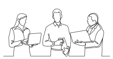 continuous line drawing of standing business people talking -  PNG image with transparent background