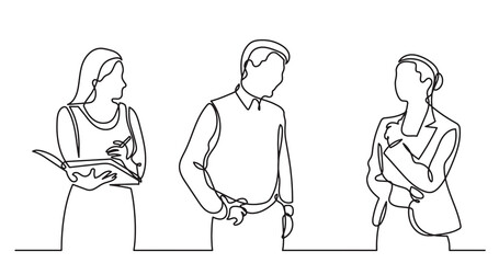 continuous line drawing of standing business people talking -  PNG image with transparent background