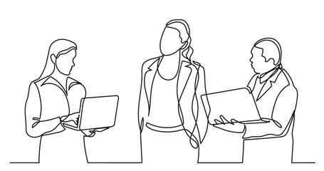 continuous line drawing of standing business people talking -  PNG image with transparent background