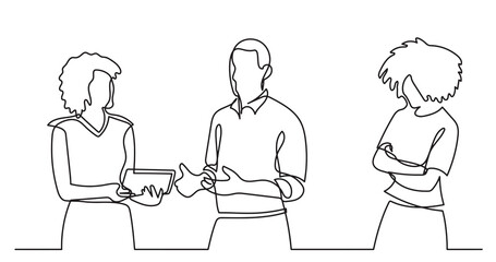 continuous line drawing of standing business people talking -  PNG image with transparent background