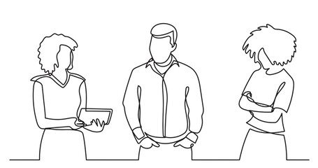 continuous line drawing of standing business people talking -  PNG image with transparent background