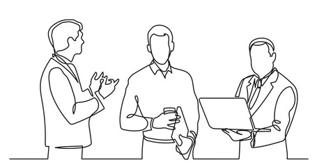 continuous line drawing of standing business people talking -  PNG image with transparent background