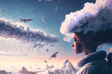 Girl in the clouds surreal illustration