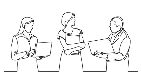 continuous line drawing of standing business people talking -  PNG image with transparent background