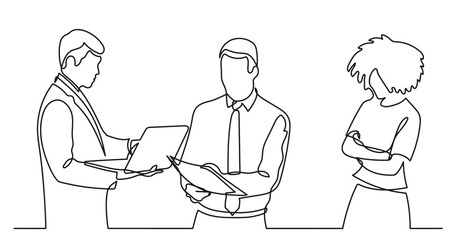 continuous line drawing of standing business people talking -  PNG image with transparent background