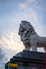 South Bank Lion Statue near County Hall over River Thames  during winter evening at London , United Kingdom : 12 March 2018