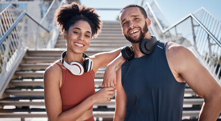 Happy black couple, stairs and portrait for training with music, smile and outdoor for workout together. Exercise team, couple and support for body health, summer training and wellness in Cape Town - obrazy, fototapety, plakaty