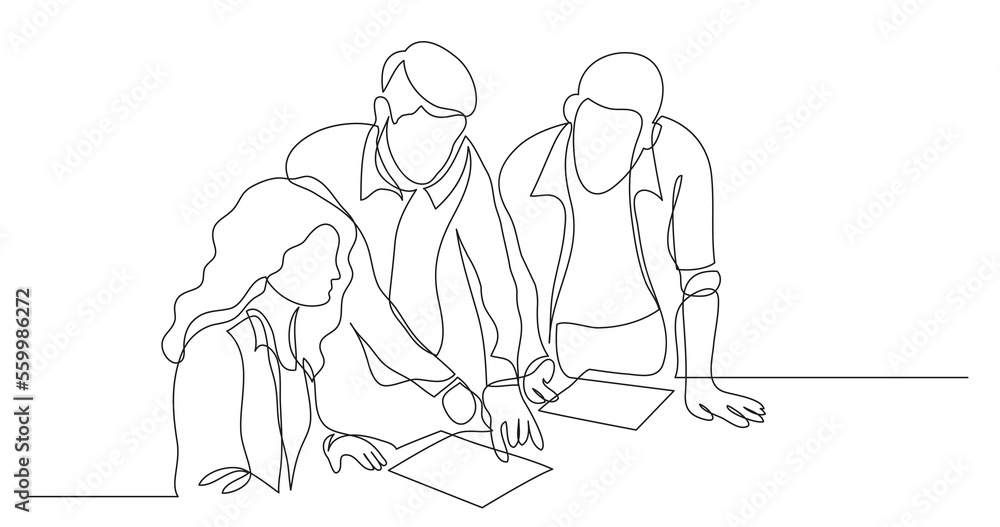 Poster three coworkers discussing project on paper - png image with transparent background