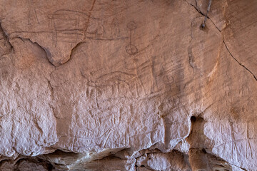 Well-preserved  drawings carved on the rock surface by people during the time of King Solomon in the national park Timna, near the city of Eilat, Israel