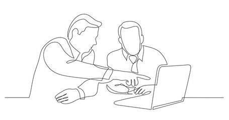 two business partners discussing presentation on laptop screen - PNG image with transparent background