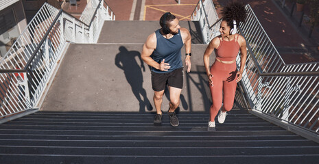 Fitness, stairs and city with a diversity couple training for sports, cardio or endurance outdoor...