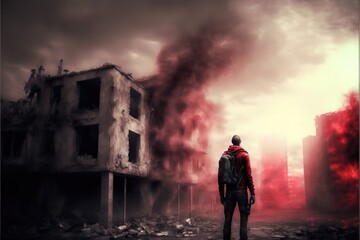 A man stands in ruins illuminated by red fire
