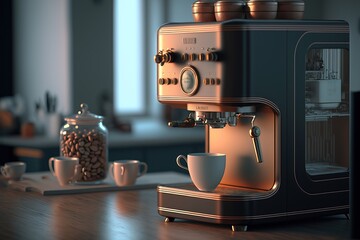Retro coffe machine in a kitchen. Breakfast homemade cafe. Generated AI illustration.