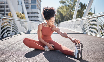 City bridge, stretching legs and woman in fitness exercise, runner workout or training in sports...