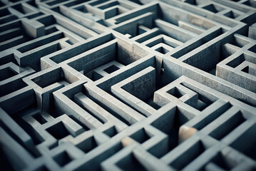 Gray maze of concrete walls. Top view. Concept background. Generative AI technology
